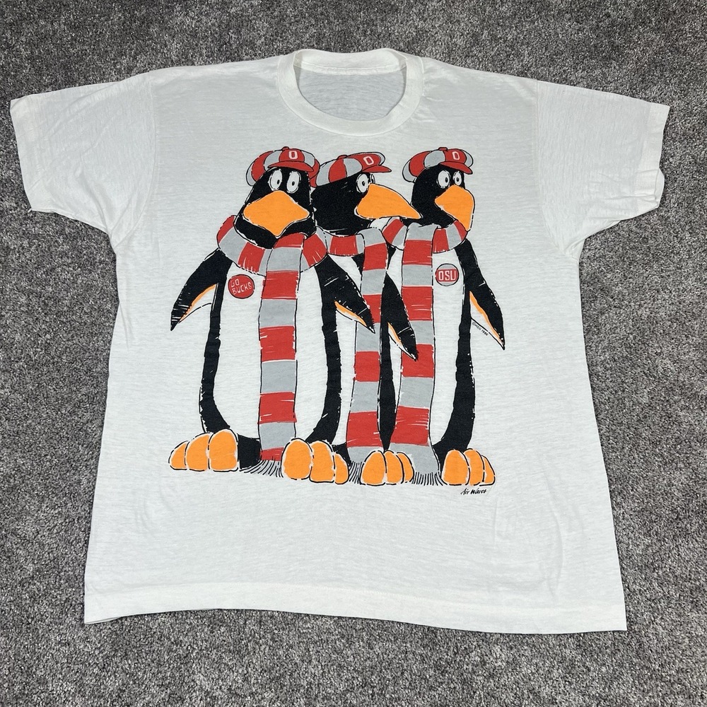 Rare Vintage 80s Ohio State Buckeyes Cartoon Penguins Paper Thin OSU T Shirt L